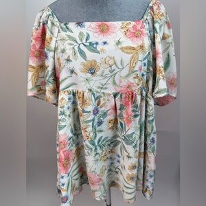 Emerald Floral Babydoll Top Size Large Square Neck Cottage Style
